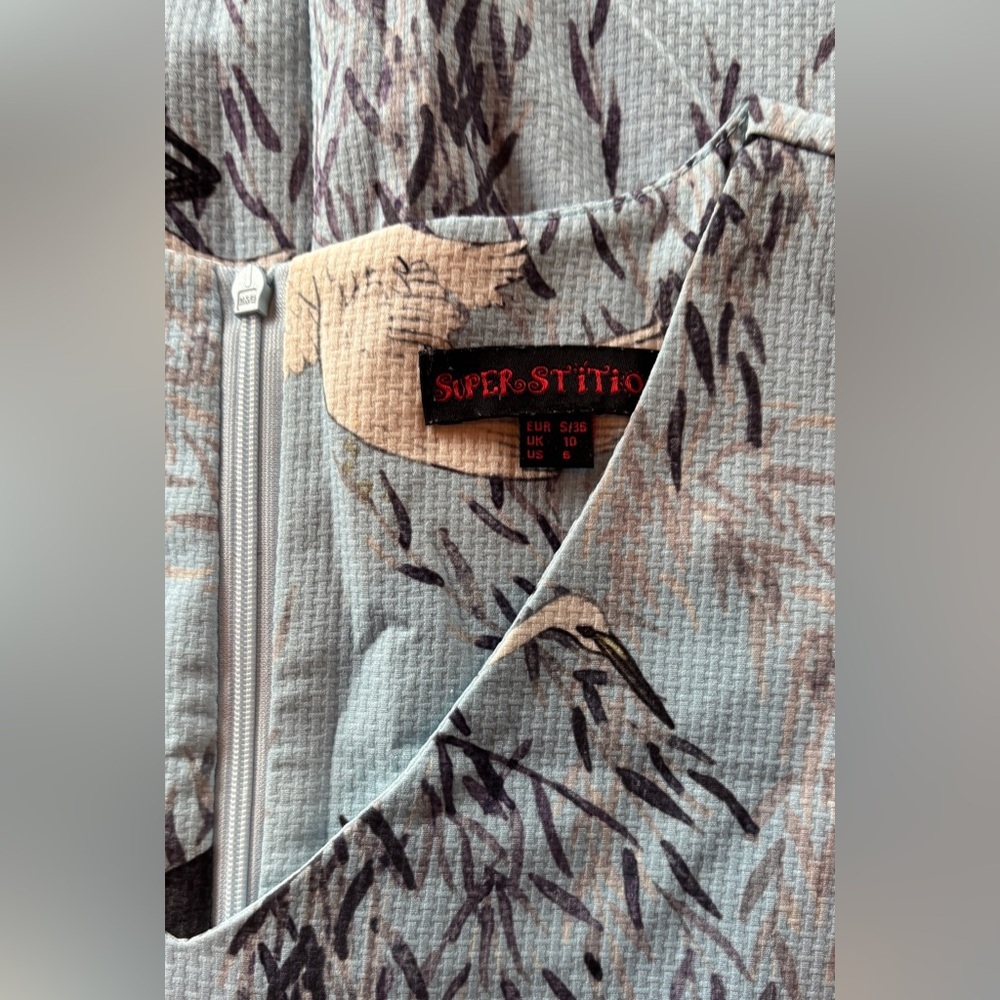 Superstition Blue Bird Print Dress • Tie Waist • Short Sleeve • Midi - Picture 5 of 10